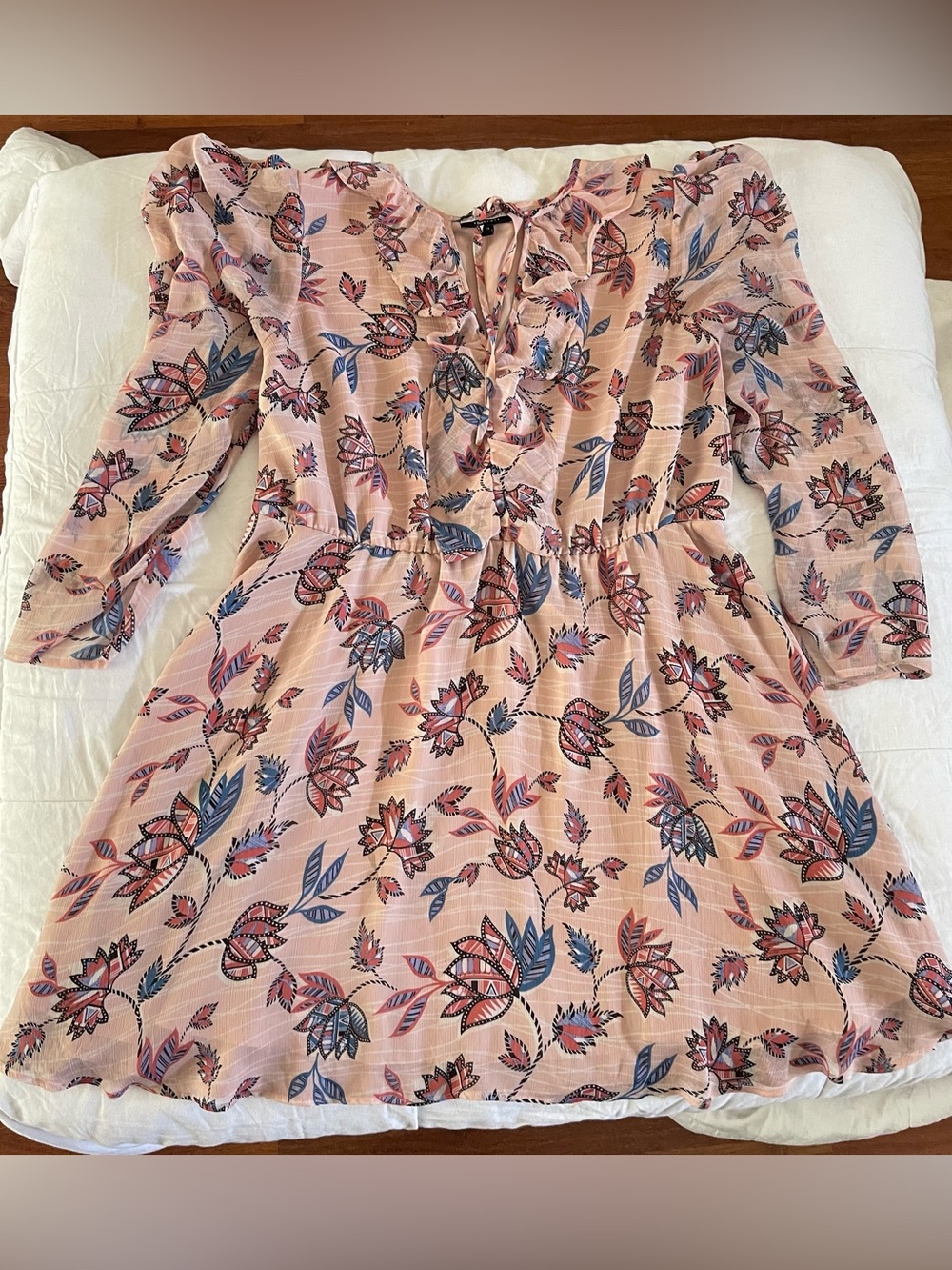 ELOQUII Elements Size 24 Floral Long Sleeve Chiffon Mini Dress Pink Sheer